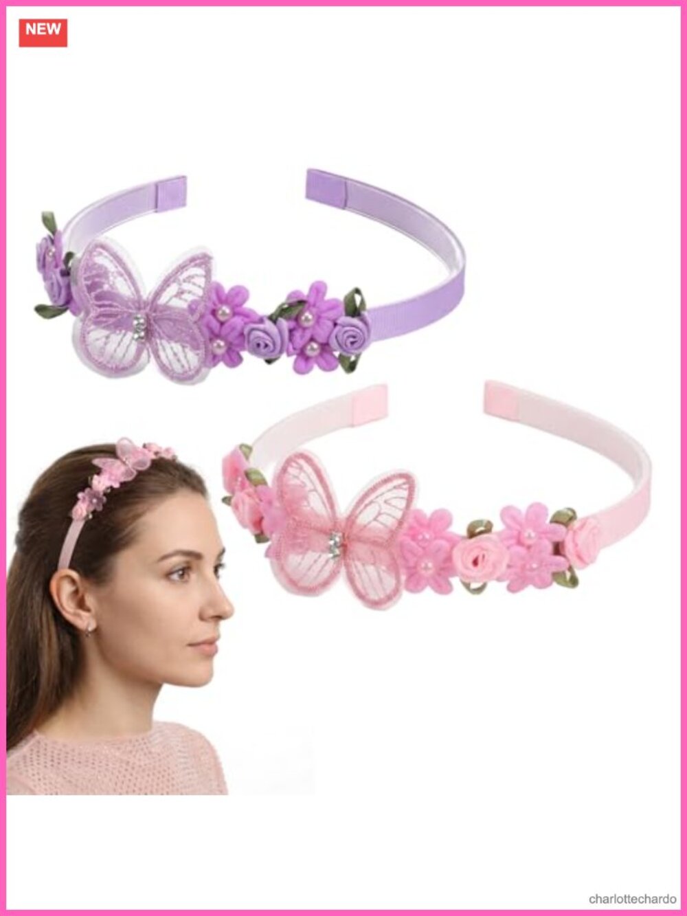 2PC Butterfly Flower Headband Set Non Slip Polyester Hair Accessories